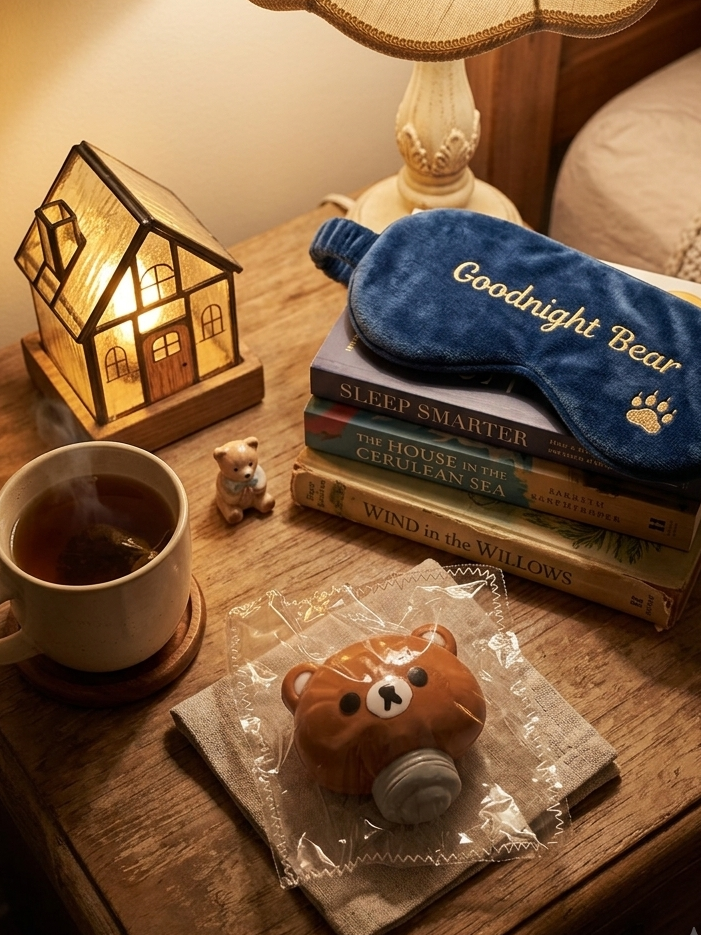 A cozy bedside scene with a blue sleep mask labeled 'Goodnight Bear' resting on a stack of books, alongside a lit house-shaped lamp, a mug of tea, and a bear-shaped item in plastic packaging on a wooden nightstand.