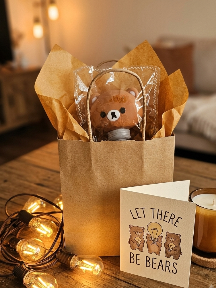 A cozy gift set on a wooden table featuring a brown paper bag filled with tissue paper and a plush bear, a small card that reads 'LET THERE BE BEARS', a lit candle, and warm string lights in a softly blurred living room background.