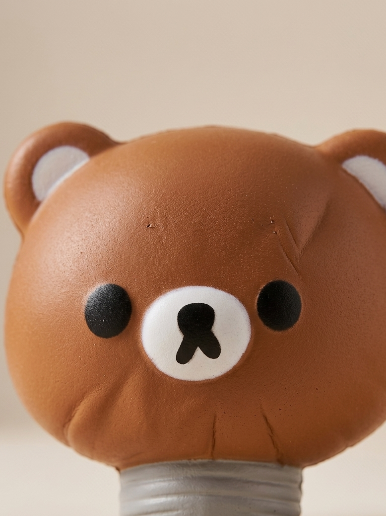 A close-up of a brown bear-shaped object with a white snout, black eyes, and a gray base, photographed against a plain beige background.