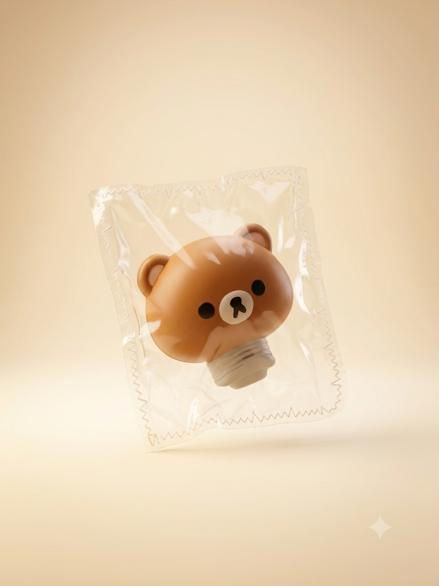A small brown bear-shaped product sealed inside a clear plastic bag, centered on a warm beige background.