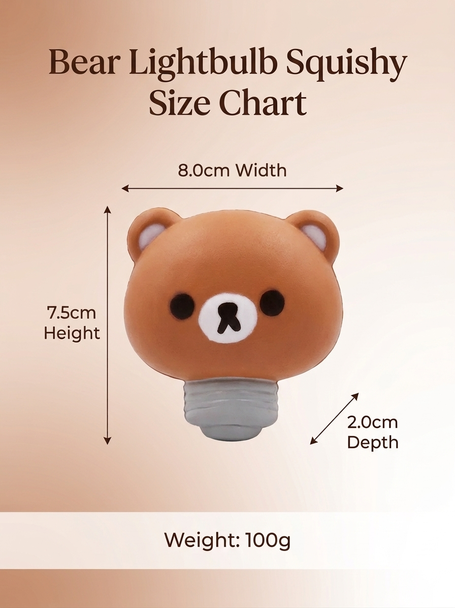 A size chart graphic for a bear-shaped lightbulb squishy, showing a brown bear head with a gray screw base on a beige gradient background. Text indicates dimensions: 8.