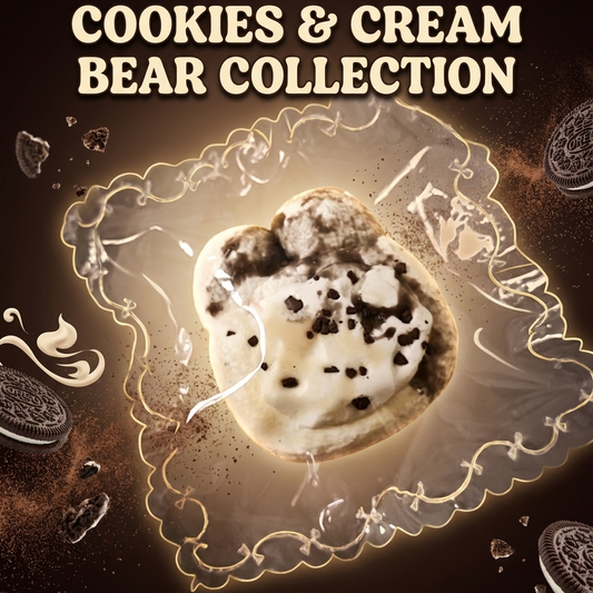Promotional graphic for a 'Limited Edition Cookies & Cream Bear Collection' featuring a central ice cream bear with dark cookie crumb details, surrounded by Oreo-style cookies and decorative gold outlines on a dark brown background with stylized text.