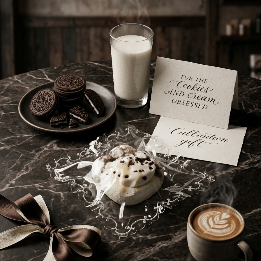 A styled gift scene on a dark marble table with a frosted pastry on a clear decorative plate, a glass of milk, cookies on a plate, and two cards reading 'FOR THE Cookies AND Cream OBSESSED' and 'Calloution gift.' A coffee cup with latte art sits nearby, and the scene is lit by a hanging lamp in a dim interior.