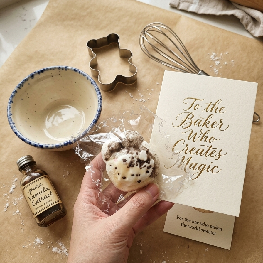 A hand holds a decorated vanilla cookie in plastic wrap next to a card that reads 'To the Baker Who Creates Magic,' with baking tools and ingredients arranged on parchment paper in a kitchen setting.
