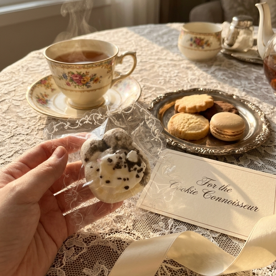 A hand holds a packaged chocolate chip cookie in front of a tea table setting with a floral teacup, cookies on a silver platter, lace tablecloth, and a card reading 'For the Cookie Connoisseur'.