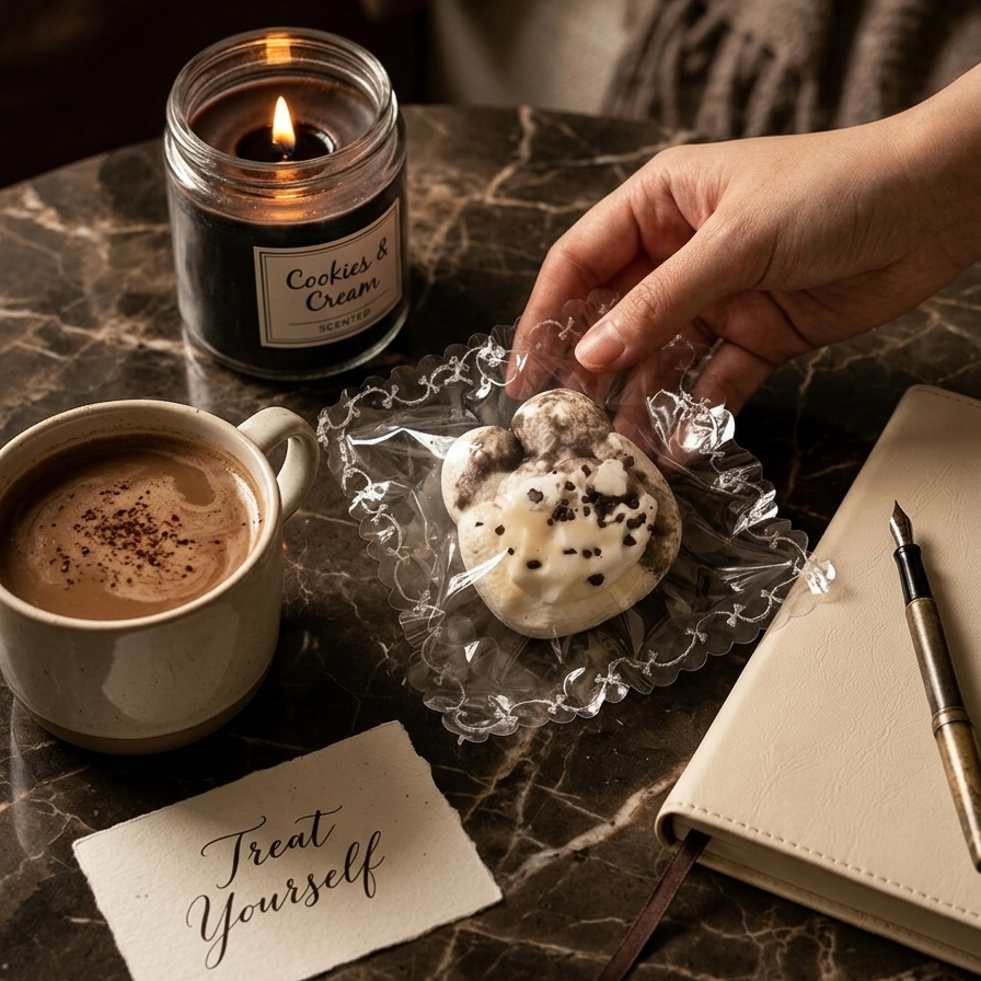 A hand reaches for a frosted cookie wrapped in clear plastic on a dark marble table, surrounded by a lit candle labeled 'Cookies & Cream', a cup of coffee, a notebook, and a card that says 'Treat Yourself'.