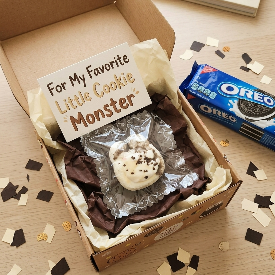 A small white cookie with chocolate sprinkles sits in a brown paper gift box lined with cream tissue paper, next to a handwritten card that reads 'For My Favorite Little Cookie Monster' and a blue Oreo package. The box is styled on a light wood tabletop with scattered chocolate and gold confetti.