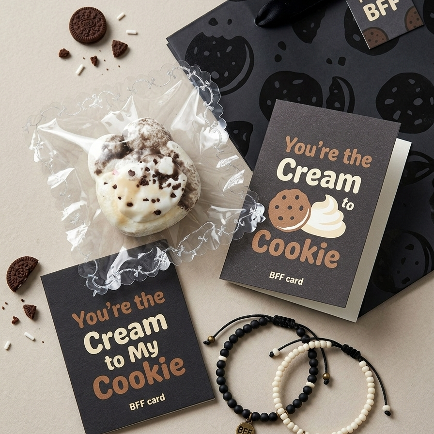 A styled flat-lay of a cookie-themed gift set on a beige background, including two black greeting cards reading 'You're the Cream to Cookie' and 'You're the Cream to My Cookie,' a black cookie-patterned gift bag, a wrapped cookie in clear cellophane, and two beaded bracelets.