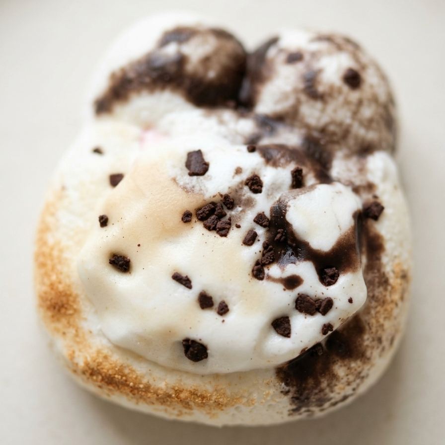A close-up shot of a marshmallow cookie topped with melted chocolate ice cream, chocolate drizzle, and chocolate cookie crumbs, set against a neutral light beige background.