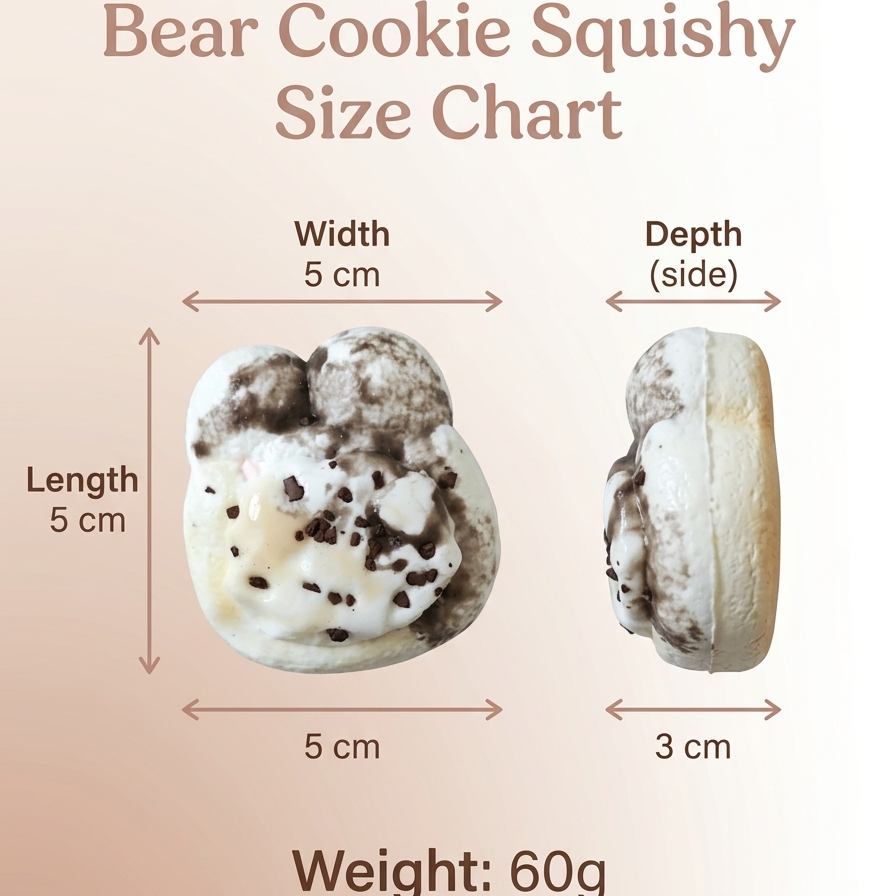A size chart graphic for a Bear Cookie Squishy, showing front and side views with dimensions labeled 5 cm by 3 cm and a weight of 60g on a soft beige background.