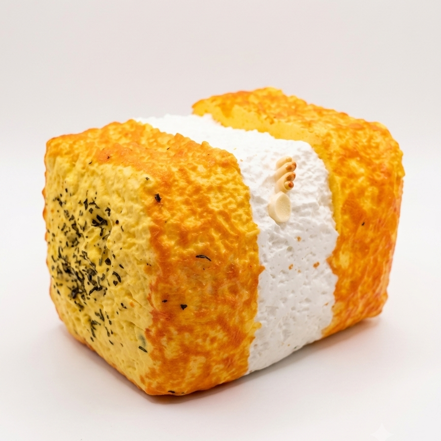 A novelty food item shaped like a square slice of artisanal bread, featuring a golden-brown crust, a thick white center, and black seed details on one side, set against a plain white background.