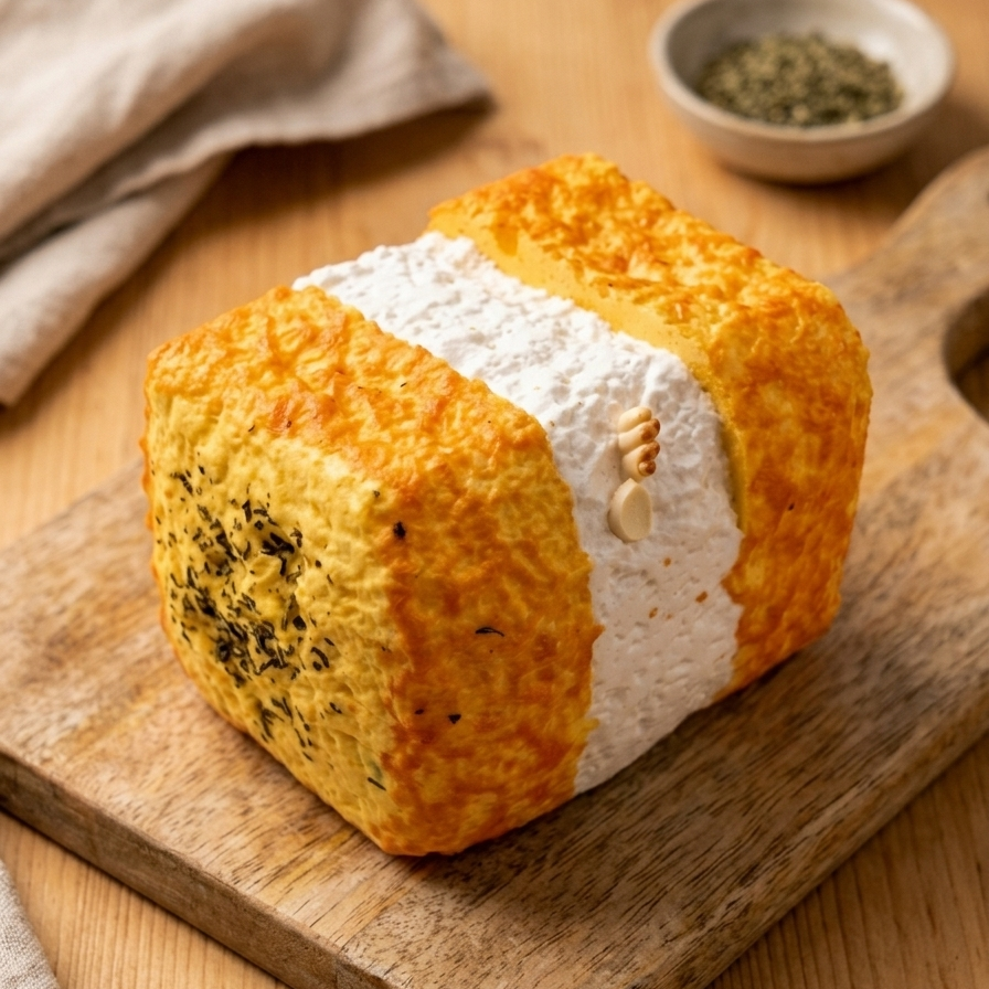 A rectangular artisanal bread loaf with a golden-orange crust and a thick white center, placed on a wooden cutting board on a wooden table. A small dish of dried herbs and a beige cloth are visible in the background.