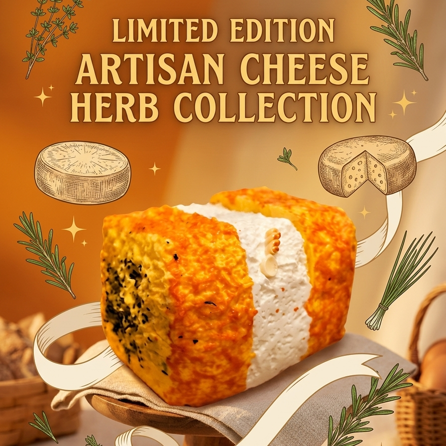 Promotional graphic for a 'Limited Edition Artisan Cheese Herb Collection' featuring a beautifully styled artisan cheese loaf on a pedestal, surrounded by illustrated herbs, bread, and elegant white ribbons against a warm golden-brown background.
