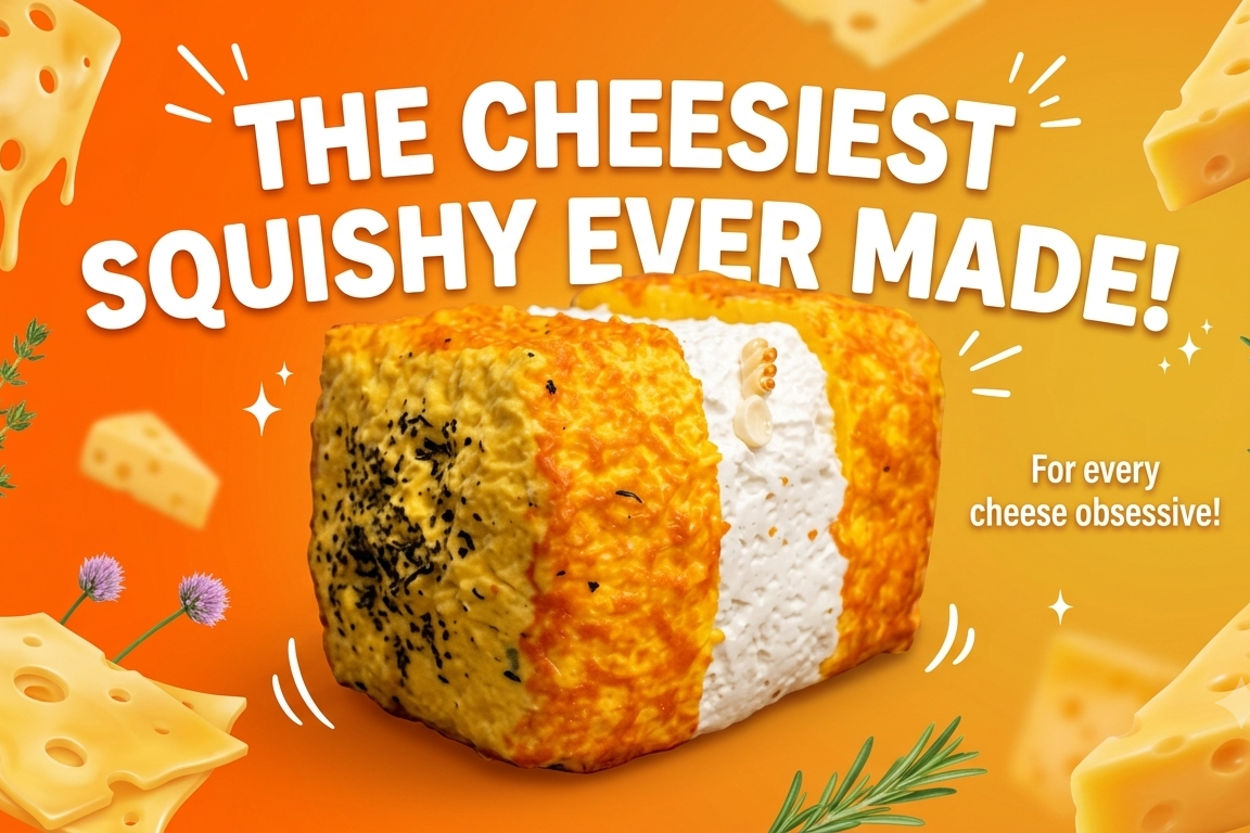 A rectangular cheese-like snack or treat block with orange, white, and black speckled sides, centered on a bright orange background with floating cheese wedges, text reading 'THE CHEESIEST SQUISHY EVER MADE!', and decorative herbs.