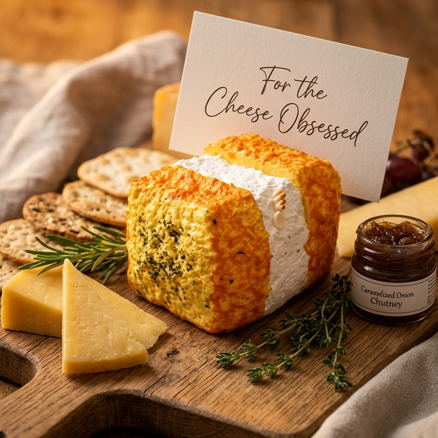 A styled cheese board scene on a wooden cutting board with a block of cheese that is partially melted and golden, alongside cheese wedges, crackers, herbs, a small jar of chutney, and a paper sign reading 'For the Cheese Obsessed' on a rustic wood background.
