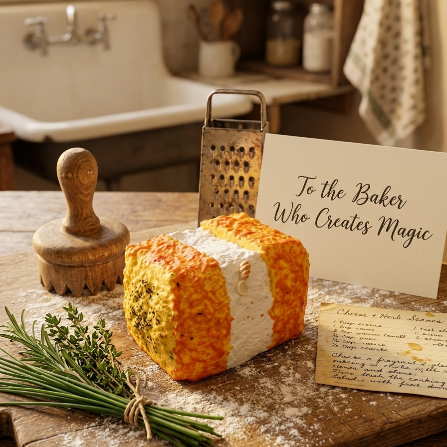 A styled bakery scene on a wooden counter with a decorated rectangular cake or bread block in the center, a metal grater, a wooden spatula, a handwritten note reading 'To the Baker Who Creates Magic,' and a recipe card. The background shows a warm kitchen interior with a sink and shelves.