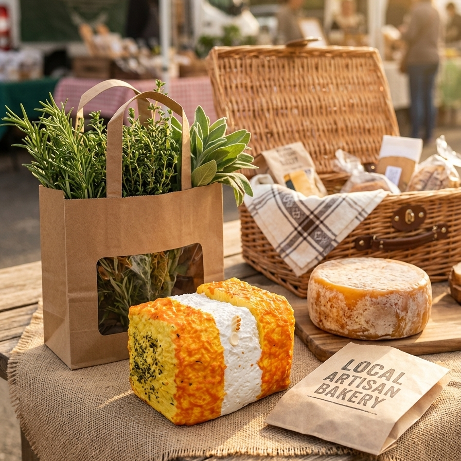 A rustic market display featuring artisanal bread and cheese on a wooden table, alongside a brown paper bag filled with fresh herbs and a wicker basket with packaged goods. A paper tag reads 'LOCAL ARTISAN BAKERY.