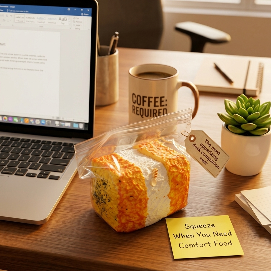 A novelty comfort food item shaped like a loaf of bread in a clear plastic bag sits on a wooden desk next to a laptop, coffee mug, notebook, and small potted succulent. A yellow sticky note on the desk reads, 'Squeeze When You Need Comfort Food.