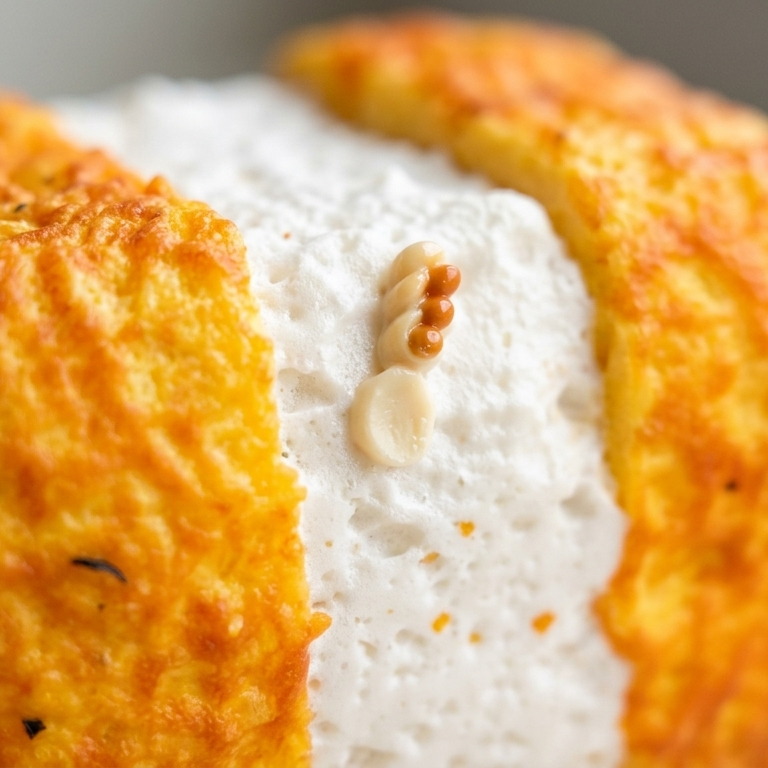 A close-up of a baked bread or pastry with golden-brown crispy edges and a white crumb-filled center, photographed on a light neutral background.