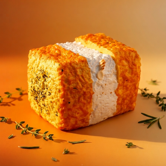 A square cheese-like food item with a golden orange textured exterior and a white center, styled on an orange surface with scattered herb sprigs.