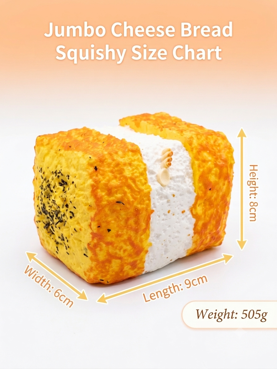 A jumbo cheese bread squishy toy with dimensions labeled as 9cm length, 6cm width, and 8cm height, and a weight of 505g, shown on a white background with an orange gradient header.
