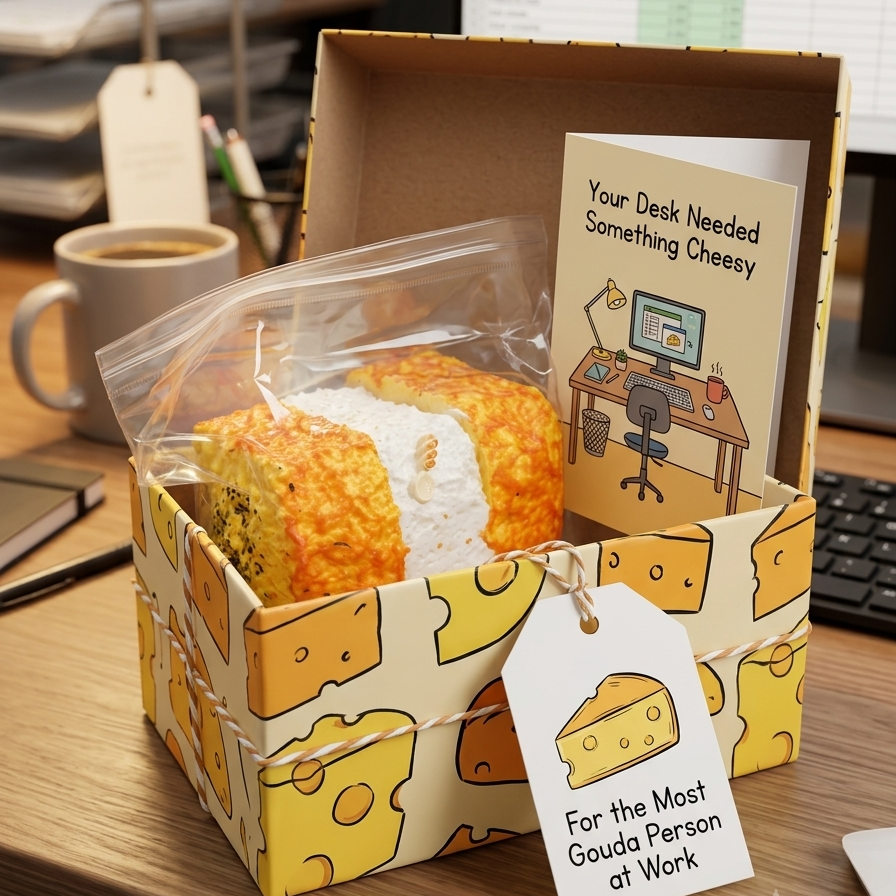 A novelty gift box for office workers, styled on a wooden desk with a coffee mug and computer keyboard in the background. The box is decorated with a yellow and cream cheese pattern, containing a slice of cheesy cake in a clear bag and a card that reads 'Your Desk Needed Something Cheesy'.