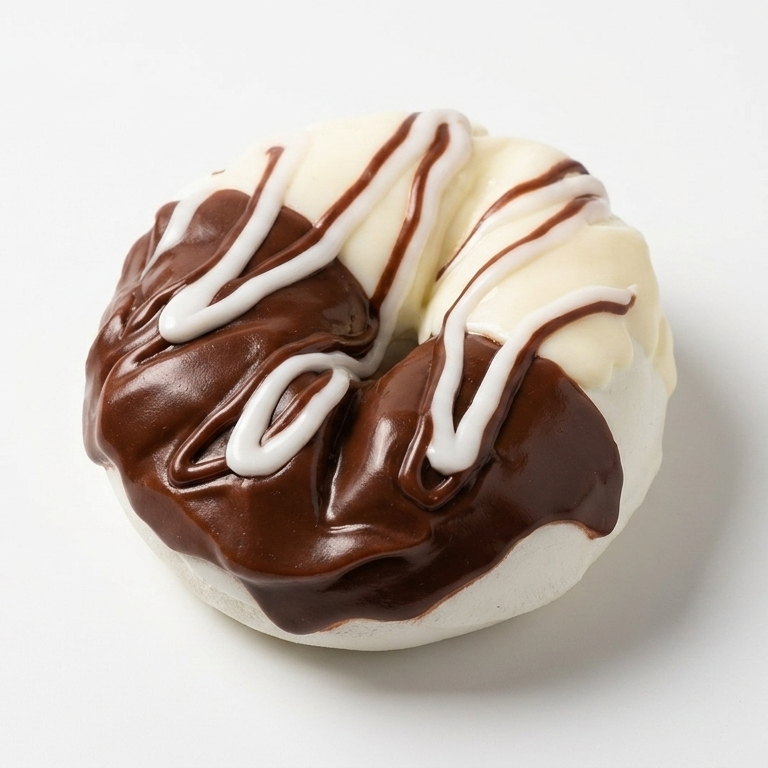 A chocolate-glazed donut with white icing drizzle, photographed on a clean white background.