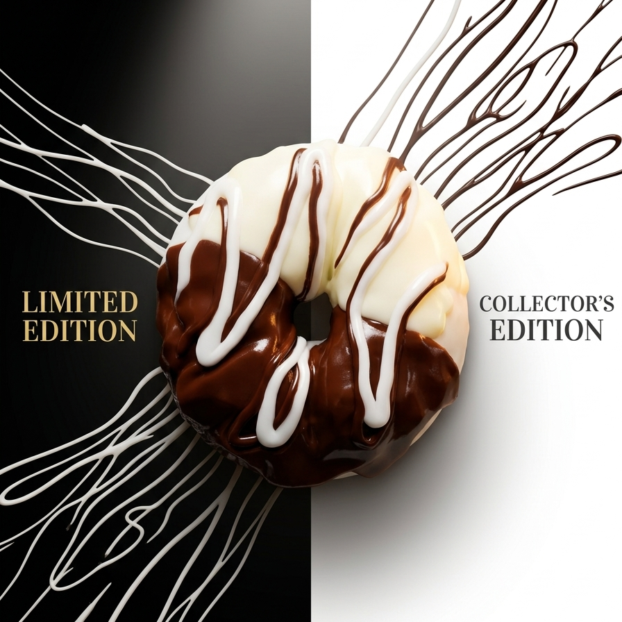 A chocolate-glazed donut centered on a split black-and-white background with decorative drizzle lines and the text 'LIMITED EDITION' on black and 'COLLECTOR'S EDITION' on white.