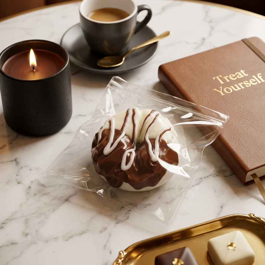 A styled tabletop scene with a chocolate-topped pastry in a clear bag, a cup of coffee on a saucer with a spoon, a black candle, a brown book or journal reading 'Treat Yourself,' and two small chocolates on a gold tray over a white marble surface.