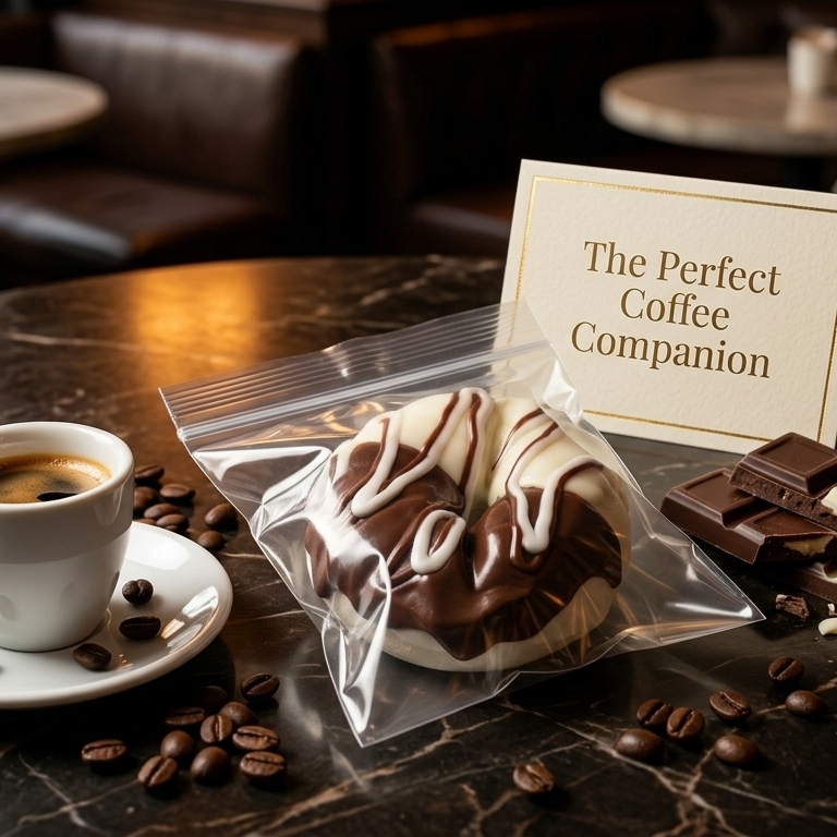 A packaged chocolate-topped pastry sits on a dark marble table beside a cup of coffee, scattered coffee beans, chocolate pieces, and a sign reading 'The Perfect Coffee Companion' in a cafe setting.