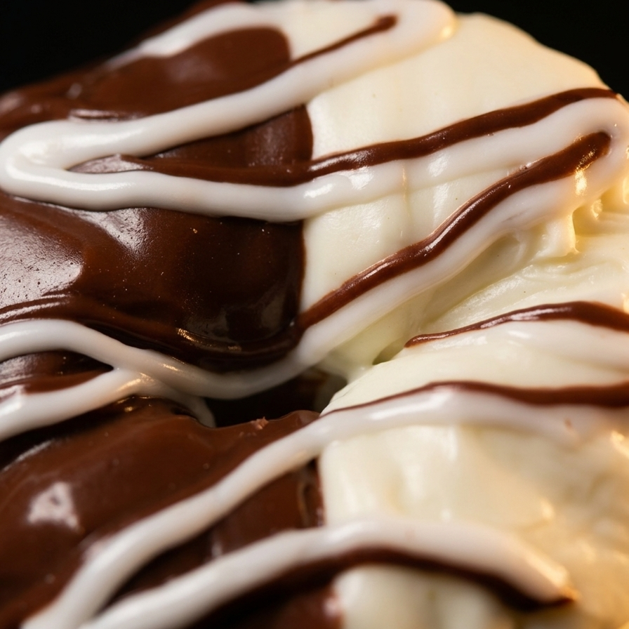Close-up of a donut or pastry topped with glossy dark chocolate and white chocolate drizzle against a black background.