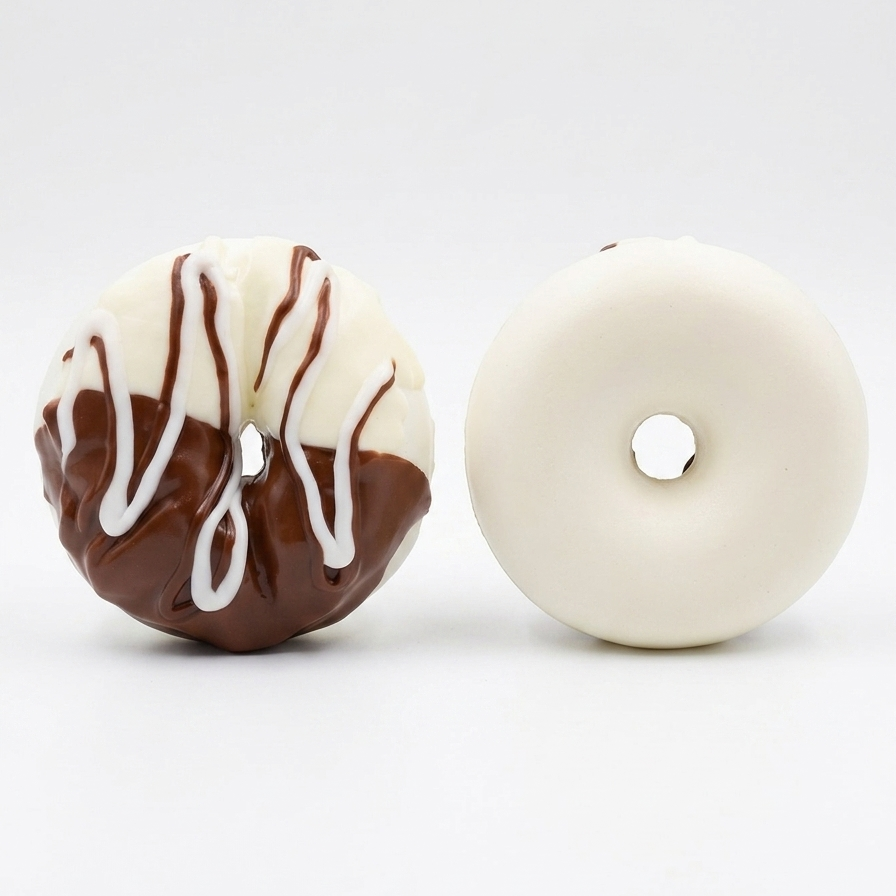Two novelty donut-shaped items on a plain white background: one half-chocolate brown and one half-white, both with white drizzle on the chocolate side.