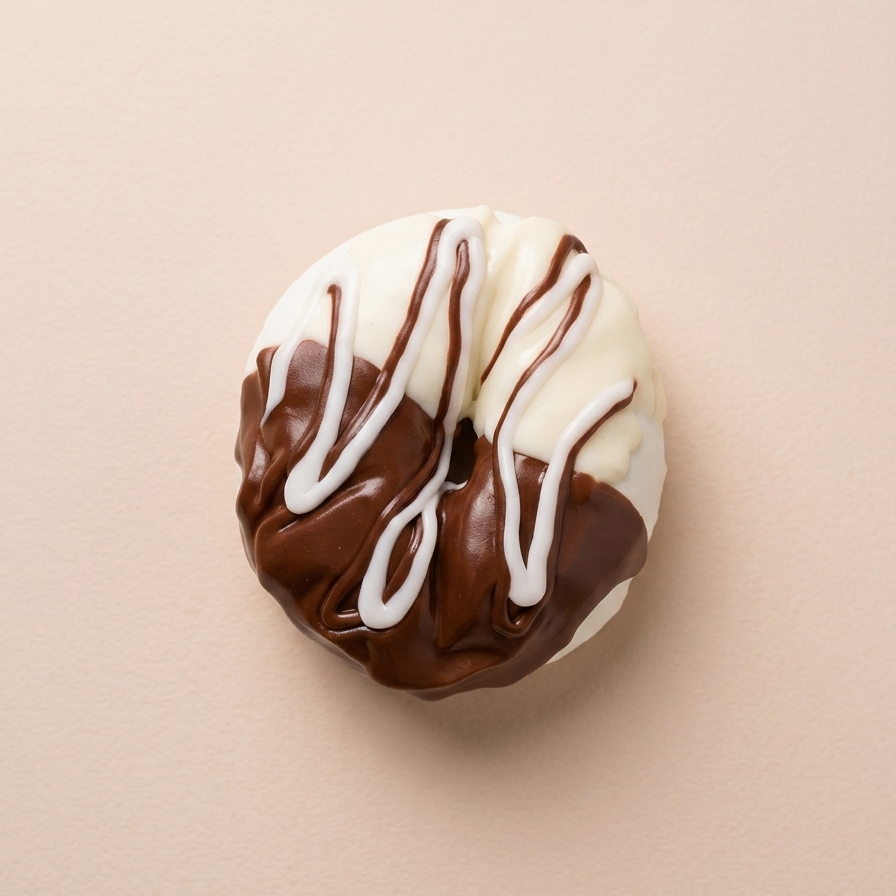 A single frosted donut with a glossy dark chocolate glaze and white drizzle, centered on a solid pale beige background.
