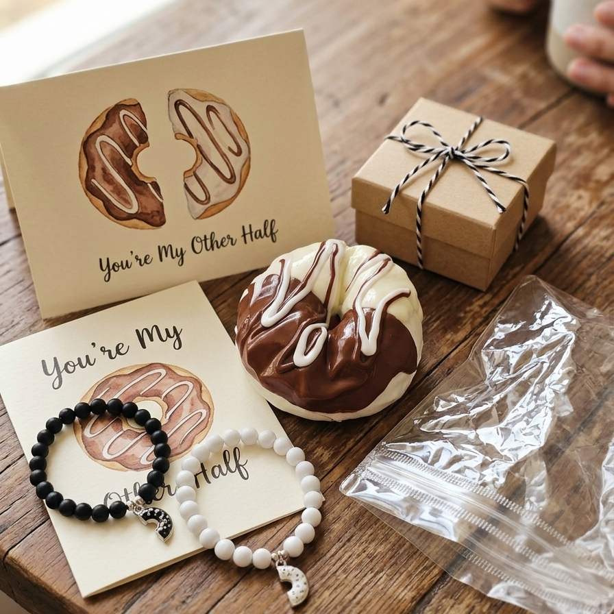 A gift set on a rustic wooden table featuring a donut-shaped pillow, a small kraft gift box tied with twine, a black and white beaded bracelet, a white beaded bracelet, and two cream-colored cards with donut illustrations and the text 'You're My Other Half'.