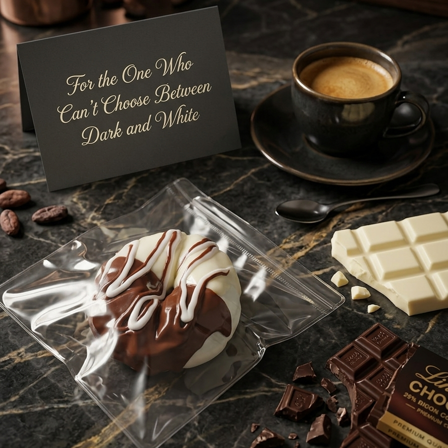 A packaged chocolate donut with white drizzle sits on a dark marble surface beside a cup of coffee, chocolate pieces, a white chocolate bar, and a sign that reads, 'For the One Who Can't Choose Between Dark and White.'.