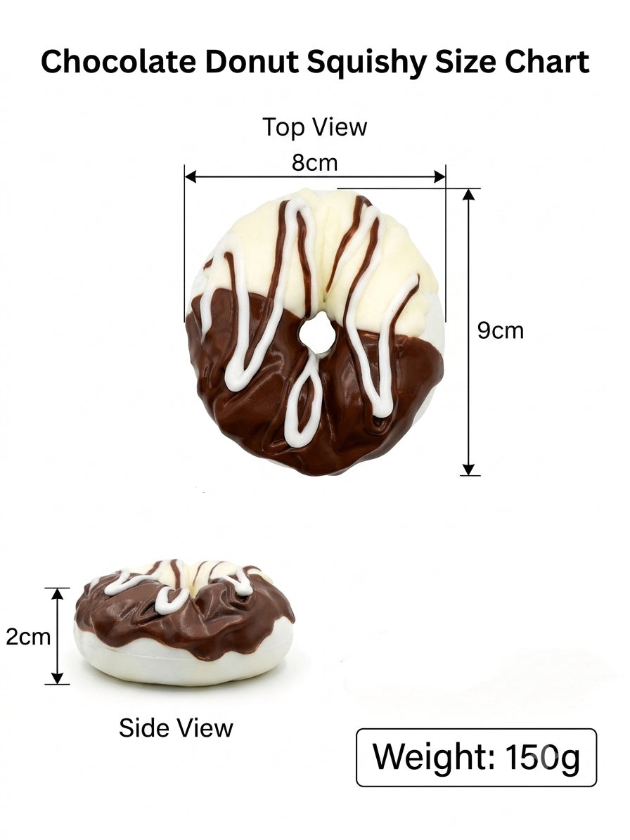 Chocolate Donut Squishy size chart showing a top view of a chocolate-covered donut with white drizzle labeled 8cm by 9cm, a side view labeled 2cm, and a weight label of 150g on a white background.