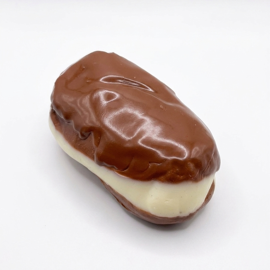 A miniature chocolate eclair toy or figurine, featuring a glossy brown chocolate-coated top and a cream-colored filling layer, set against a plain white background.