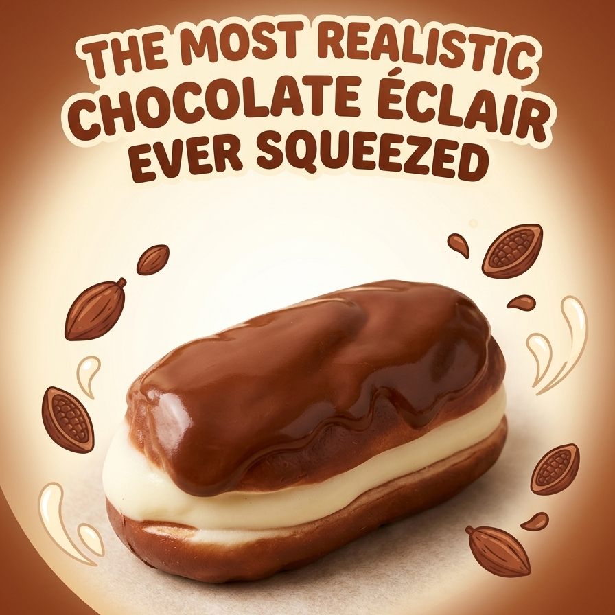 A chocolate éclair dessert with glossy dark chocolate coating and a cream filling, centered on a warm brown and beige graphic background with the text 'THE MOST REALISTIC CHOCOLATE ÉCLAIR EVER SQUEEZED' and scattered chocolate-brown oval shapes.