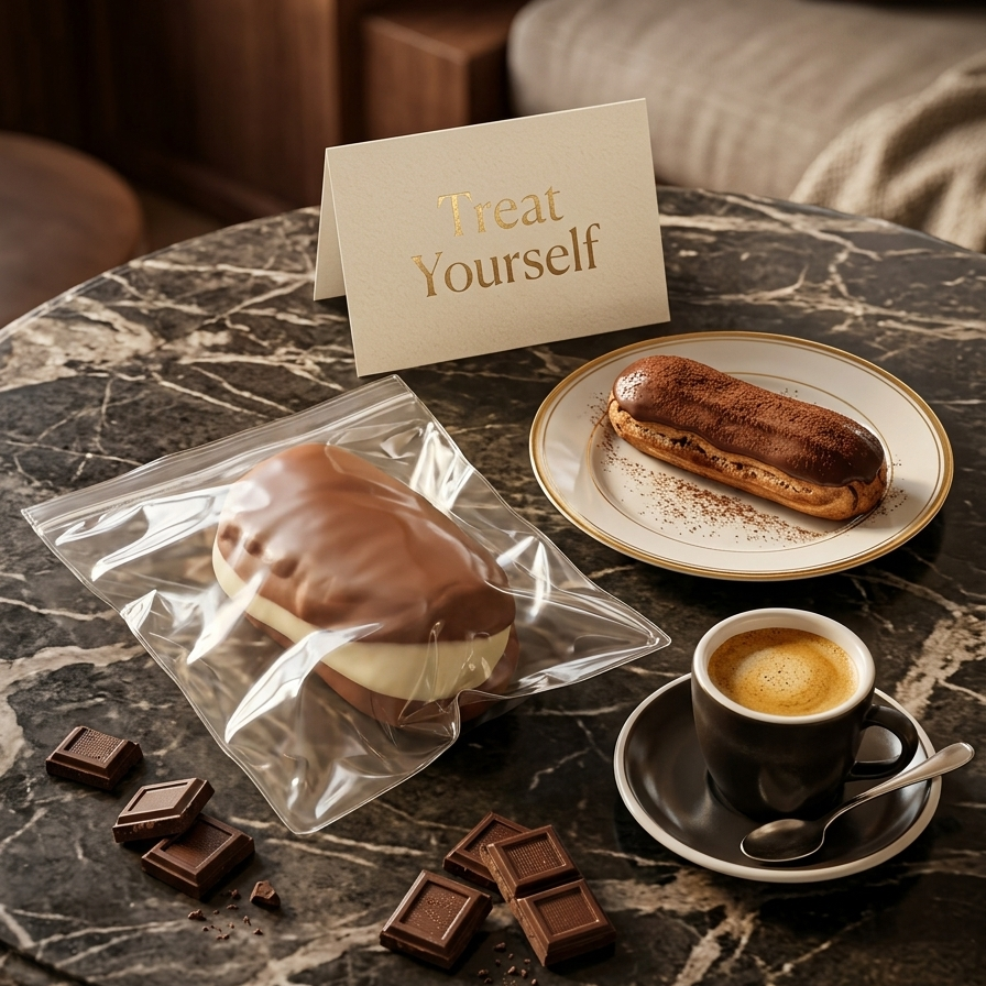 A chocolate-covered pastry in a clear plastic bag and a chocolate iced pastry on a plate, arranged on a dark marble table with chocolate pieces, a cup of coffee, and a card that reads 'Treat Yourself'.