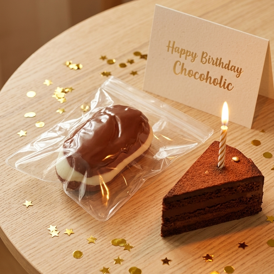 A small chocolate birthday treat set on a round wooden table, featuring an iced chocolate pastry in a clear bag next to a chocolate cake slice with a lit candle and a card that reads 'Happy Birthday Chocoholic'.