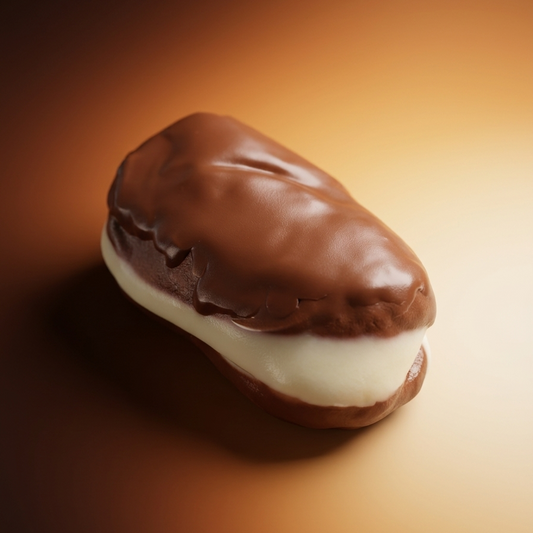 A chocolate-covered pastry or dessert with a smooth white cream filling, photographed on a warm brown gradient background.