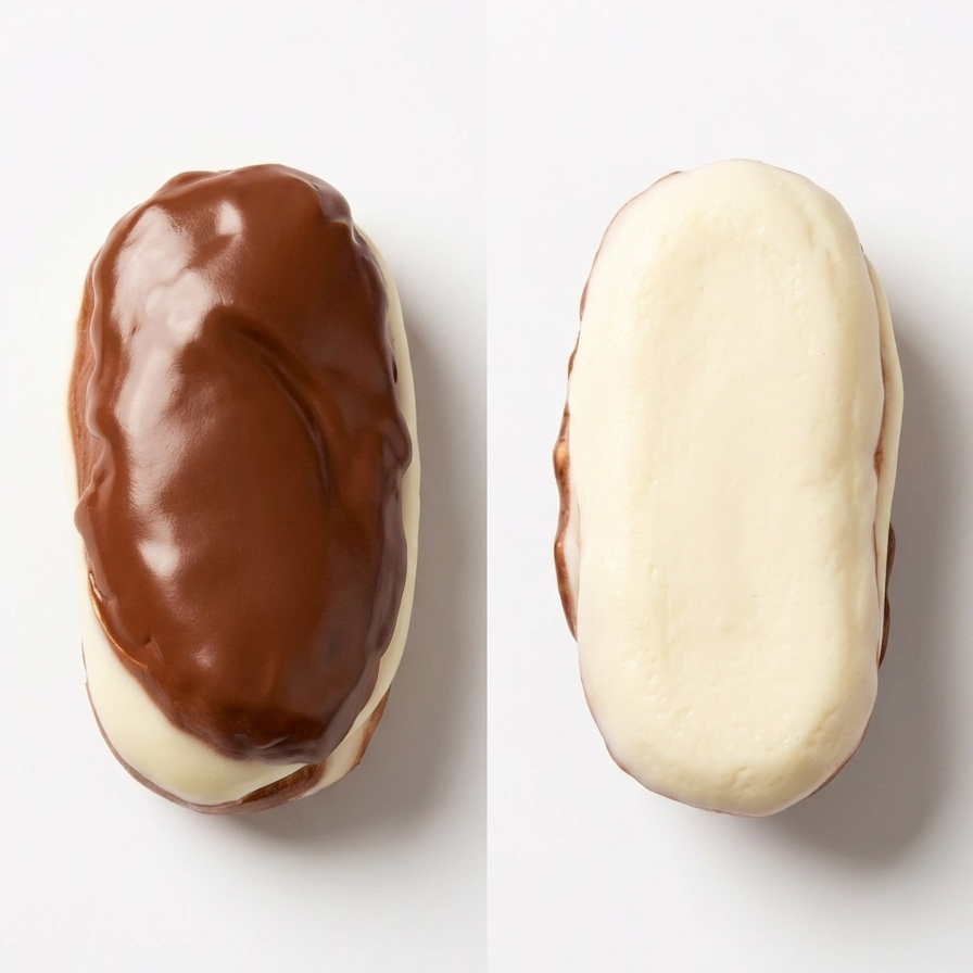 Two chocolate-covered pastries on a white background, one with glossy dark chocolate and one with smooth milk chocolate.