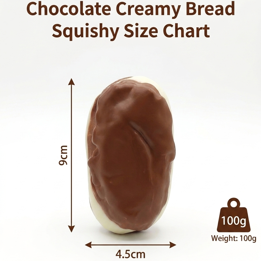 A chocolate creamy bread squishy with dimensions labeled as 9cm in height and 4.5cm in width, along with a weight label of 100g, on a white background.
