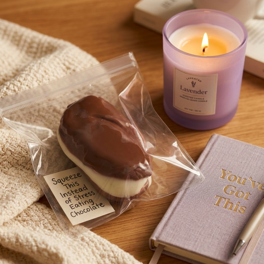 A cozy tabletop scene with a chocolate-covered pastry in a clear bag labeled 'Squeeze This Instead of Stress Eating Chocolate,' a lavender candle, a lavender notebook with gold text reading 'You've Got This,' and a cream knit blanket on a wooden surface.