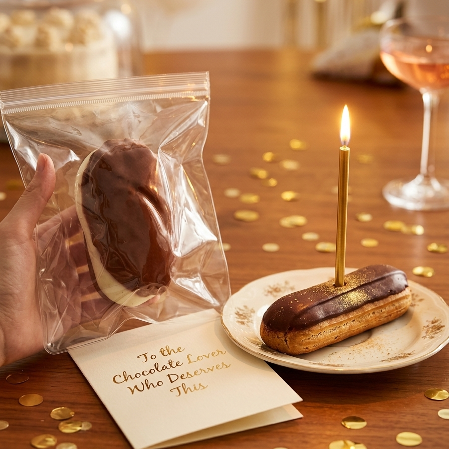A chocolate-covered pastry in a clear plastic bag held by a hand, with a matching pastry on a small plate and a gold candle inserted, alongside a card that reads 'To the Chocolate Lover Who Deserves This,' on a wooden table with confetti and warm bokeh lights in the background.