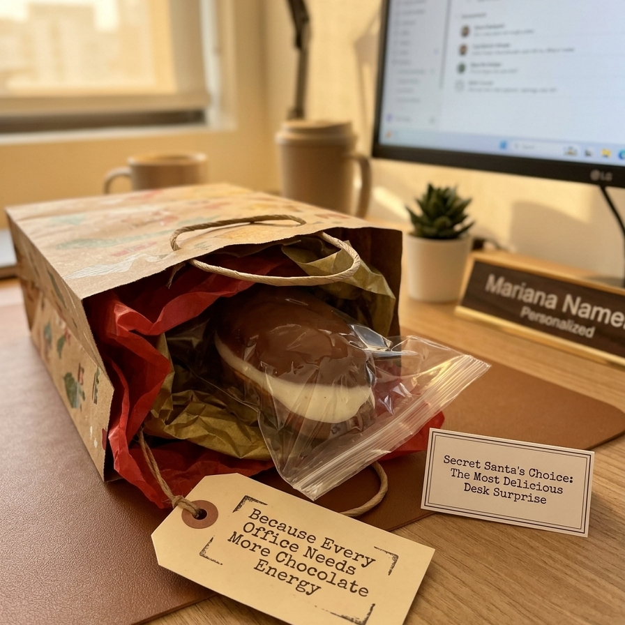A chocolate desk surprise gift set on a wooden desk, featuring a paper bag filled with chocolate treats, a clear plastic bag with a chocolate piece, a handwritten tag reading 'Because Every Office Needs More Chocolate Energy', and a personalized nameplate that says 'Mariana Nameplate'.