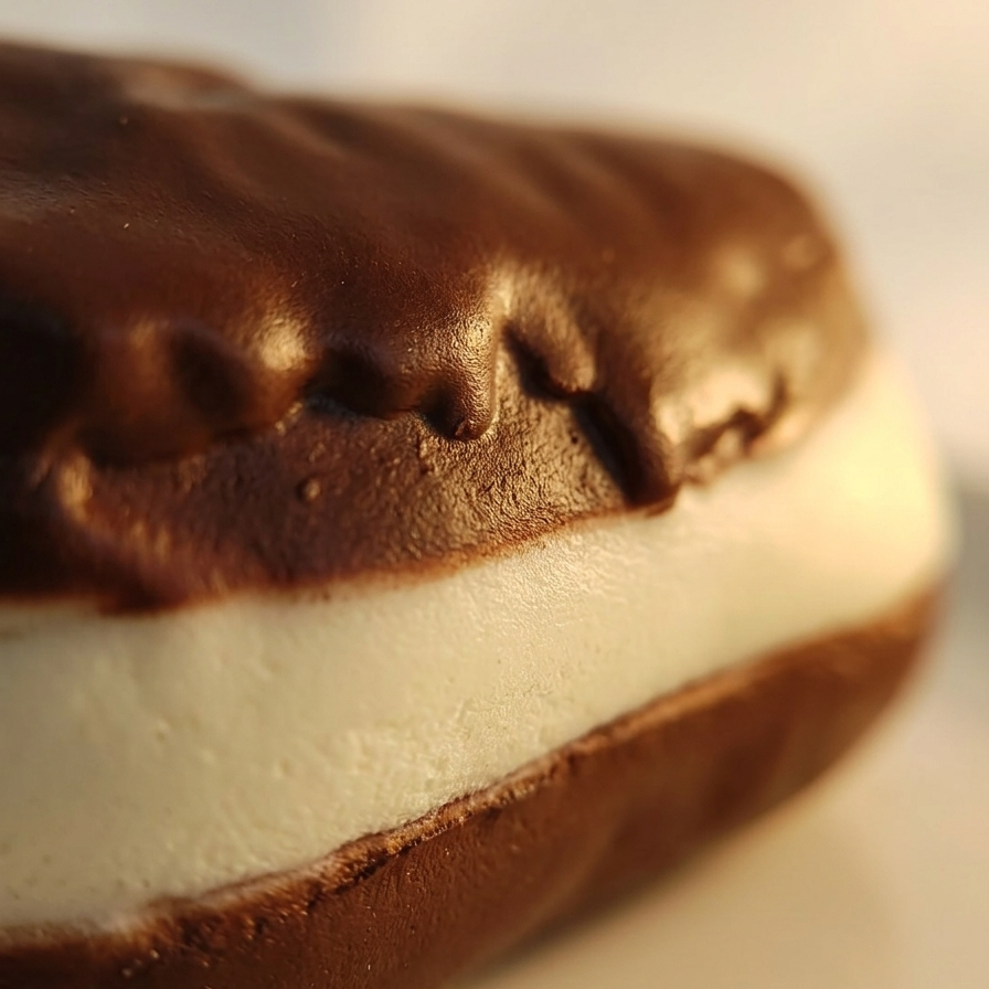 A close-up shot of a chocolate sandwich cookie with a thick layer of white cream filling, set against a soft, warm beige background.