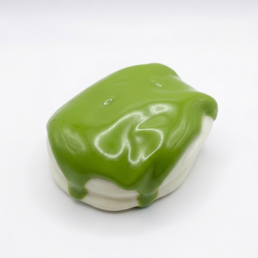 A glossy green glazed pastry or cake piece with white sides, photographed on a clean white studio background.