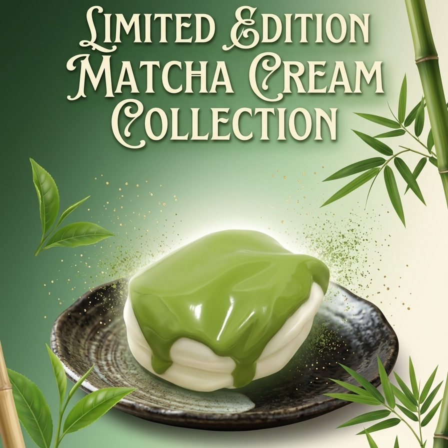 A promotional graphic for a 'Limited Edition Matcha Cream Collection' featuring a glossy green matcha cream dessert on a dark ceramic plate, surrounded by green tea leaves and bamboo stalks on a green gradient background.