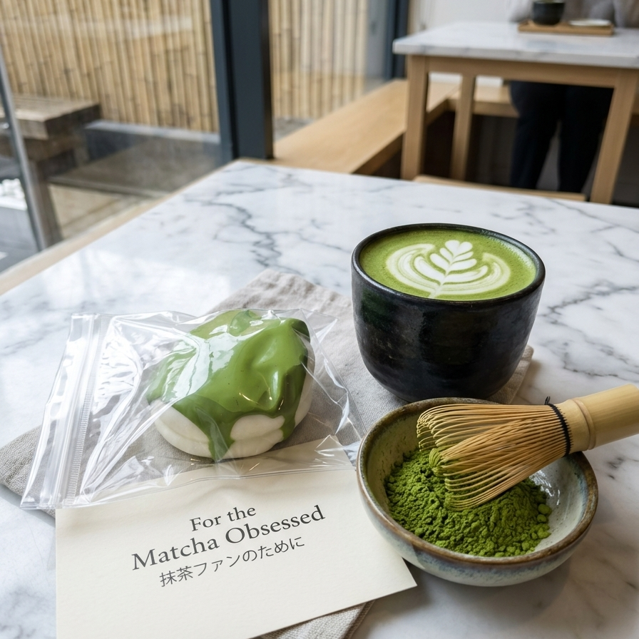 A matcha dessert in a clear plastic bag sits on a white marble table next to a black cup of matcha latte with leaf art, a small bowl of green matcha powder with a bamboo whisk, and a card that reads 'For the Matcha Obsessed'. A blurred person is visible in the background of the cafe.